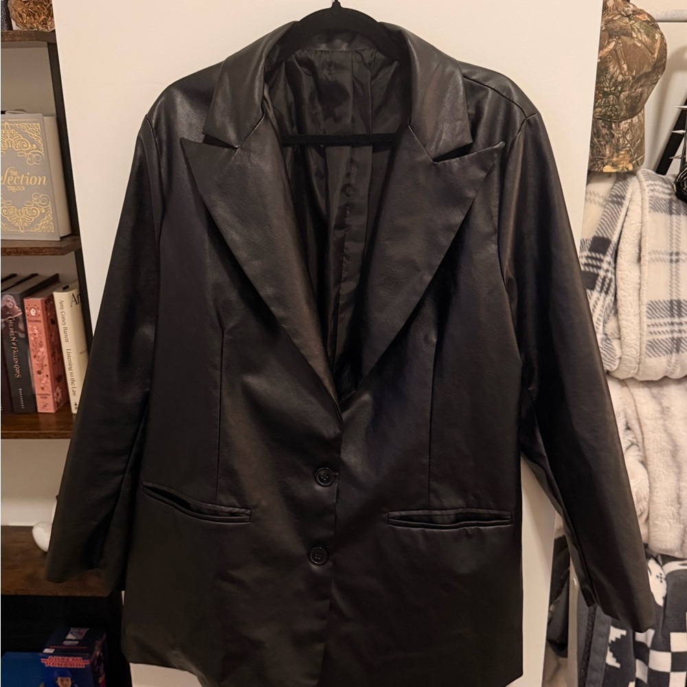 Black Faux Leather Blazer Jacket - Women